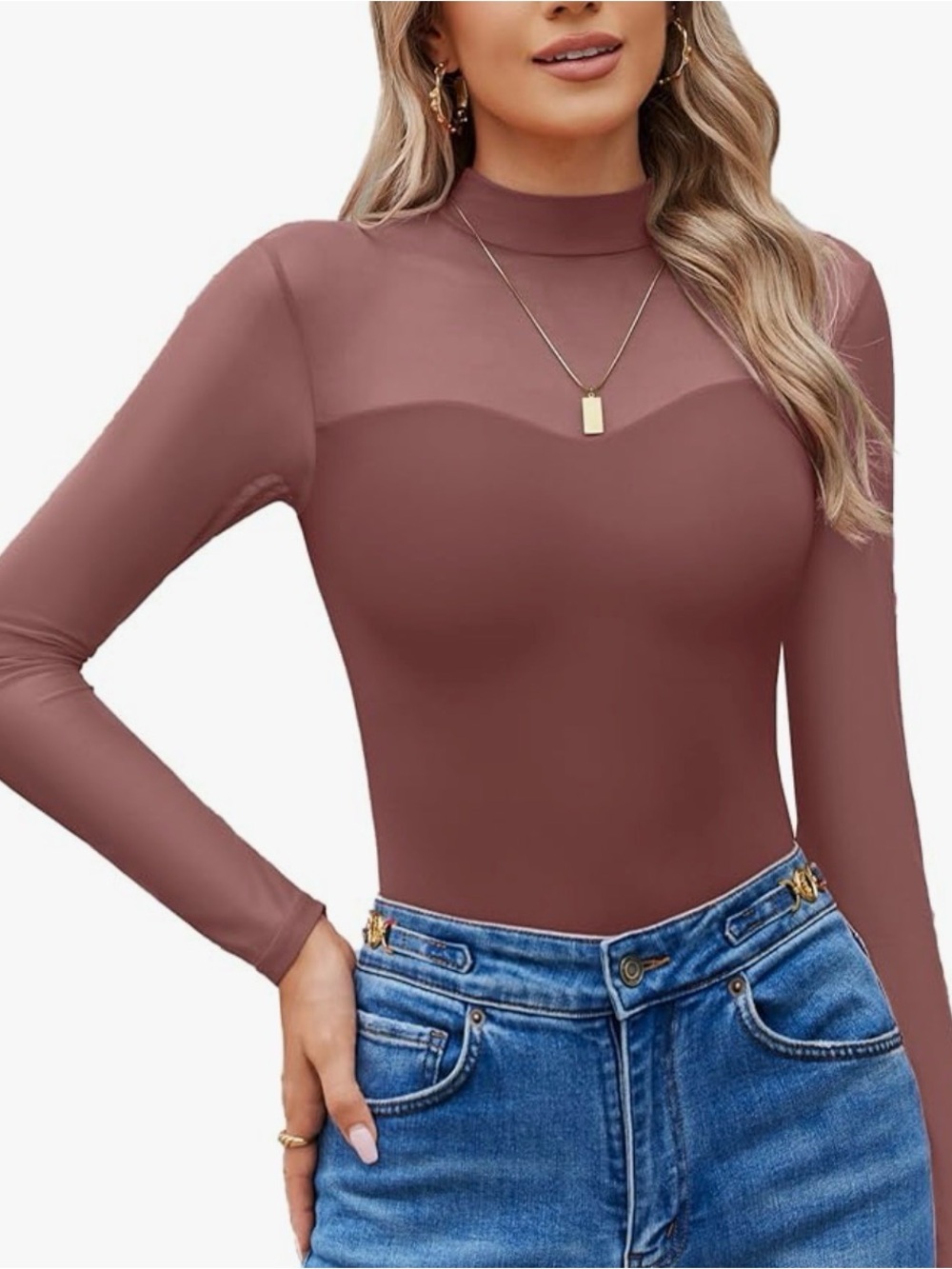 Never Worn! Women’s Long Sleeve Mock Neck Sheer Detail Top in Mauve